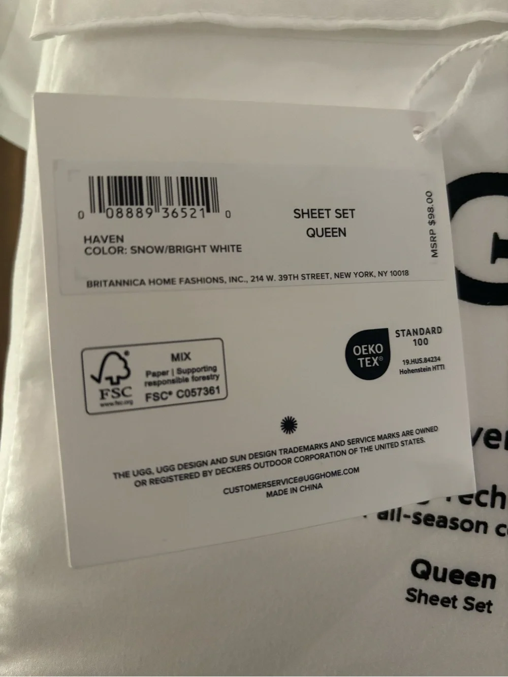 NWT UGG Haven Queen Set Sheet in Snow/Bright White. Cooling Technology.